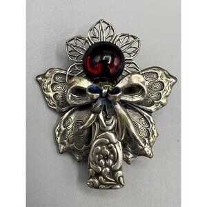 Vintage Rogers Signed Angel Brooch Pin Silver Plate Red Stone 1.5” Floral Bow